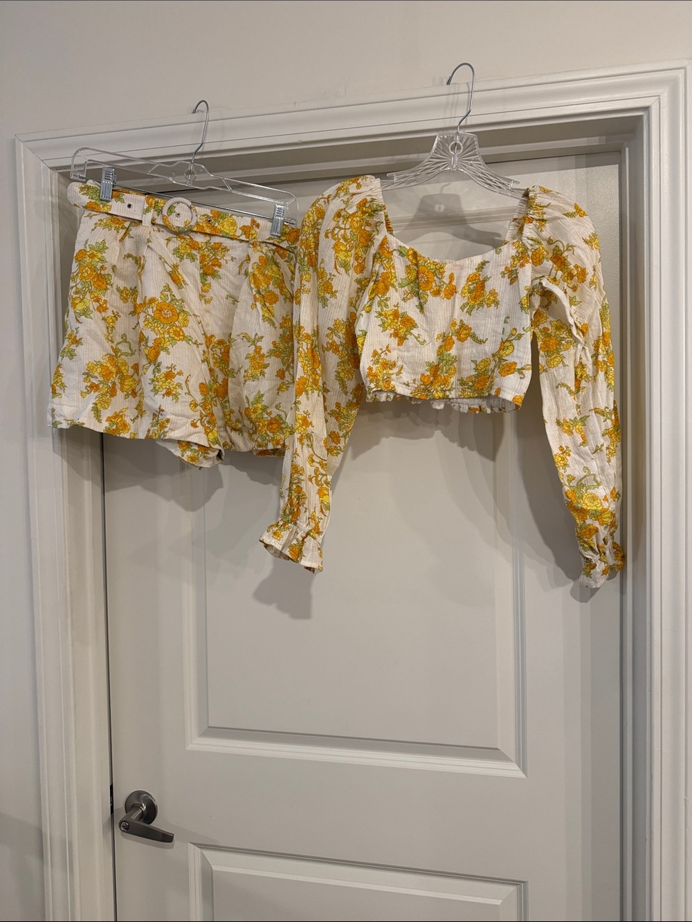 Faithfull the Brand White Crop Top and shorts with Yellow Floral Print
